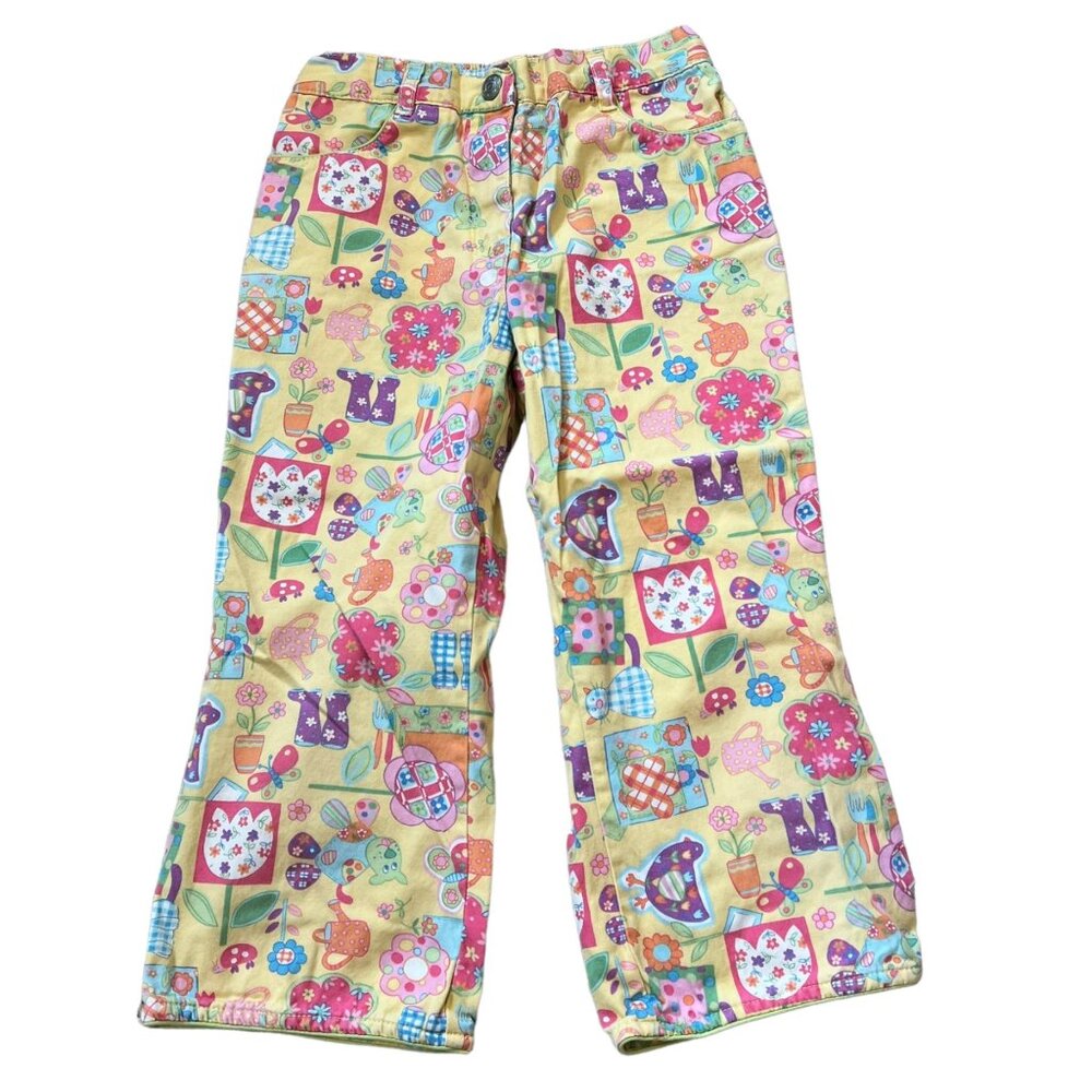 Talbots Kids Collage Print Spring Plants Design Yellow Girls Vintage Pants 6